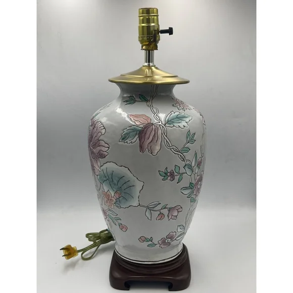 VTG Asian Blue Floral Ginger Jar Ceramic Table Lamp Painted Flowers 18” No Shade